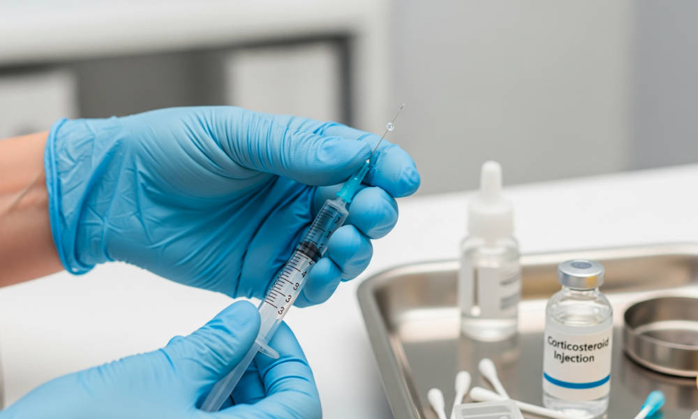 Therapist preparing a specialist corticosteroid injection for pain relief in the hand or wrist.