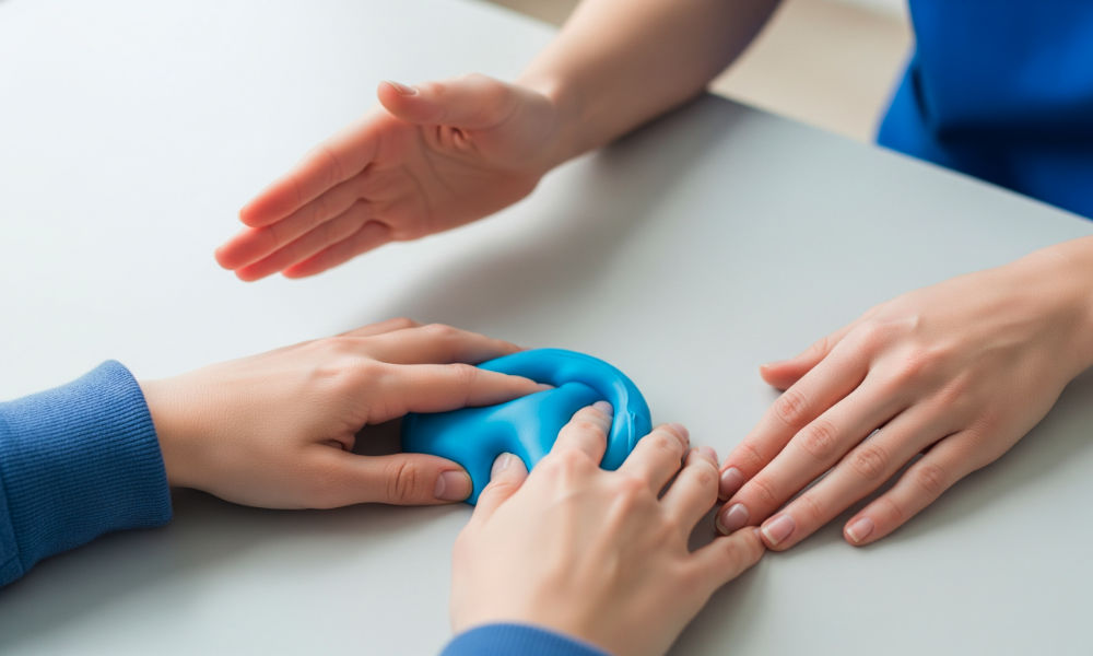 Occupational therapist guiding a patient through hand rehabilitation exercises in Belfast.